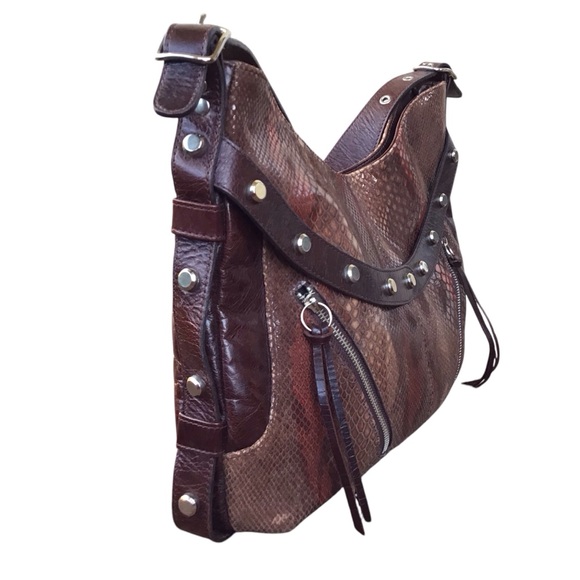 Pietro Alessandro Snakeskin Embossed Leather Studded Hobo Shoulder Bag - Picture 8 of 15